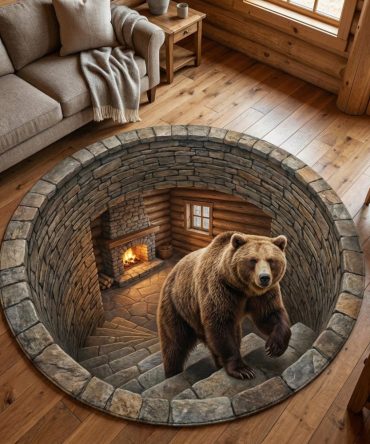 Bear Den Cabin Round Rug — Rustic Circular Area Rug With Bear Motif For Lodge & Living Room, Durable Low-Pile, Warm Colors & Non-Slip Backing
