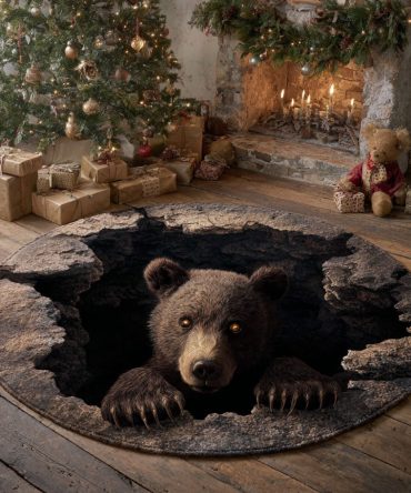 Bear Den Surprise Round Rug - Charming Woodland Circular Area Rug, Plush Pile, Fade-Resistant Print, Ideal For Kids' Rooms & Cabin Corners