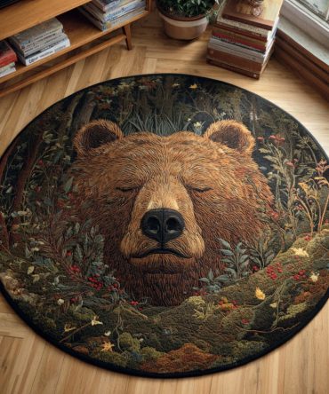Forest Spirit Bear Round Rug - Earth-Toned Circular Area Rug With Woodland Motif, Soft Underfoot, Low-Maintenance & Non-Slip For Cozy Rooms