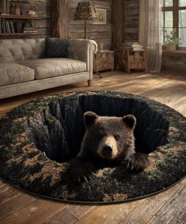 Wilderness Bear Round Rug - Bold Mountain-Inspired Circular Accent Rug, Heavy-Duty Durable Pile, Non-Slip Backing For Cabin & Lodge