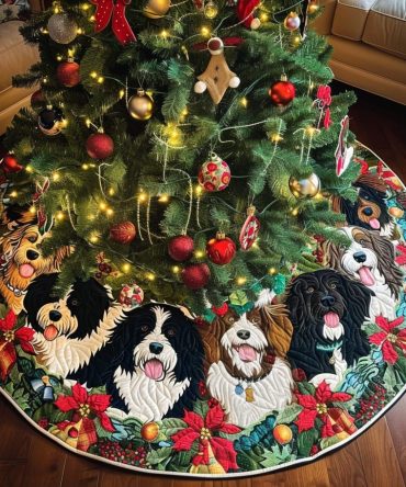 Bernedoodle Holiday Joy Quilted Christmas Tree Skirt — Bright Festive Dog Decor, Durable Cotton Blend, Thoughtful Gift For Dog Families