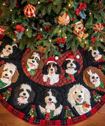 Bernedoodle Sleigh Ride Quilted Christmas Tree Skirt — Nostalgic Dog Breed Holiday Accent, Plush Quilting, Ideal For Family Traditions