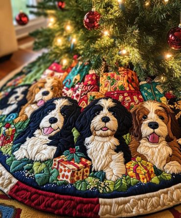 Snowy Delight Bernedoodle Quilted Christmas Tree Skirt — Cozy Holiday Dog Decor, Soft Insulated Stitching, Ideal Present For Dog Parents