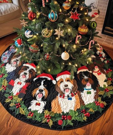 Winter Wishes Bernedoodle Quilted Tree Skirt — Elegant Holiday Dog Decor, Stitched Insulation, Great Gift For Bernedoodle Families