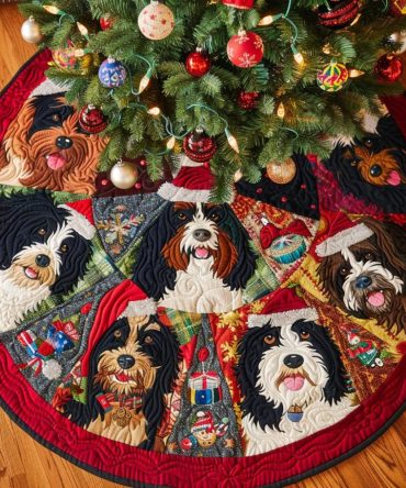 Yuletide Fun Bernedoodle Quilted Christmas Tree Skirt — Playful Dog Breed Holiday Accent, Soft Cotton Blend, Ideal Present For Pet Parents