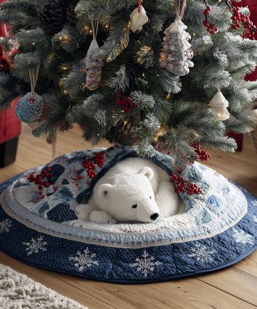 Berry Polar Bear Quilted Tree Skirt — 48In Arctic-Inspired Christmas Skirt With Berry Accents, Reversible & Machine-Washable