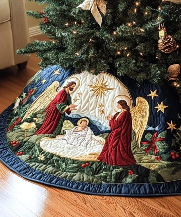 Bethlehem Blessing Quilted Christmas Tree Skirt - Classic Nativity Decor, Warm Neutral Tones, 48" Round, Machine Washable