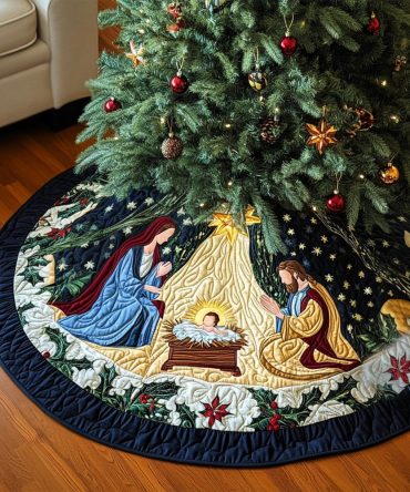 Bethlehem Light Quilted Christmas Tree Skirt — Timeless Quilted Skirt With Reverent Motif, Perfect For Holiday Nativity Displays