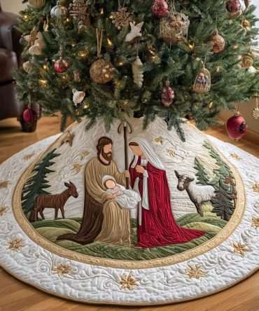 Bethlehem Peace Quilted Christmas Tree Skirt — Serene Nativity Motif, Quilted Holiday Skirt To Bring Calm & Tradition To Your Tree