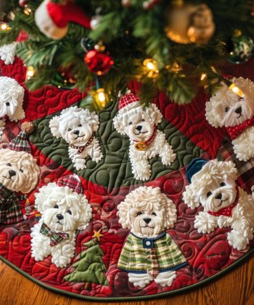 Deluxe Bichon Quilted Christmas Tree Skirt — Luxury Holiday Tree Cover With Embroidered Bichon Design, Soft & Machine Washable