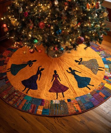 Saffron Joy Quilted Christmas Tree Skirt — Bright Saffron & Festive Motifs, Lightweight Quilting, Cheerful Seasonal Accent