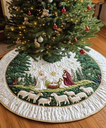 Blessed Manger Quilted Christmas Tree Skirt - Handcrafted Nativity Accent For Classic Holiday & Church Decorations