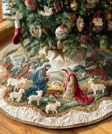 Blessed Miracle Quilted Tree Skirt — Inspirational Nativity Motif, Plush Quilted Christmas Skirt For Heartfelt Holiday Styling