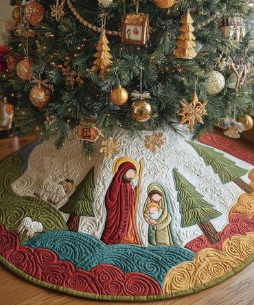 Blessed Nativity Quilted Christmas Tree Skirt — Classic Nativity Quilt Design, Premium Holiday Skirt To Complete Faith-Focused Decor