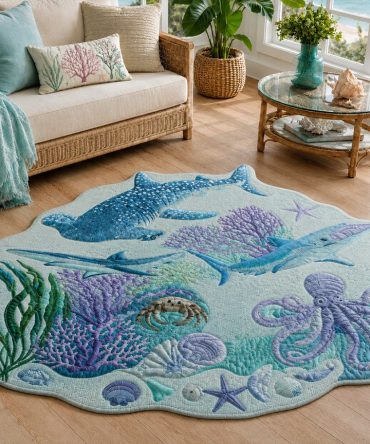 Blue Current Abstract Ocean Rug — Modern Custom-Shaped Waterscape Area Rug, Low-Profile Durable Design For Living Rooms, Offices & Bedrooms