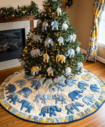 Blue Elephant Holiday Quilted Tree Skirt — Soft Patchwork Throw For Christmas Trees, Machine-Washable Decorative Skirt, Perfect For Photos