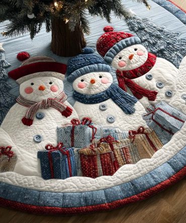 Blue Forest Snow Family Quilted Christmas Tree Skirt — Serene Blue Woodland Scene, Quilted Holiday Skirt For Elegant Winter Decor