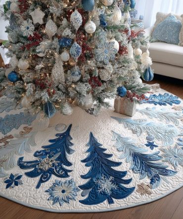 Blue Frost Pines Quilted Christmas Tree Skirt — Icy Blue Holiday Tree Base Cover With Pine Needle Motifs, Soft Lining & Machine Washable