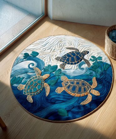 Blue Lagoon Round Area Rug - Lively Lagoon Blues With Shell And Wave Details, Machine-Washable Stain-Resistant Circular Rug For Beach-Style Interiors