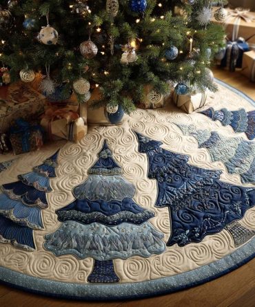 Blue Pines Quilted Tree Skirt - Cool Winter Pines Design Holiday Tree Skirt For Coastal, Modern & Cabin Decor