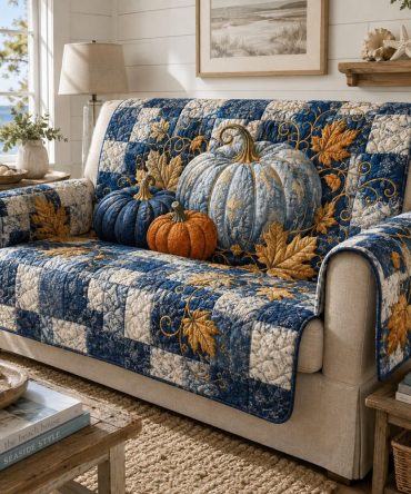 Ocean Blue Pumpkins Quilted Sofa Protector - Stylish Blue Slipcover For Couch, Water-Resistant, Reversible, Stretch Fit For 2-4 Seats