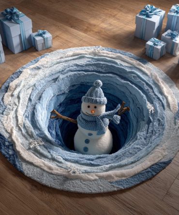 Blue Snowman Abyss Round Rug — Cool-Toned Snowman Accent Carpet For Modern Holiday Decor, Entryway & Nursery, Soft Low Pile
