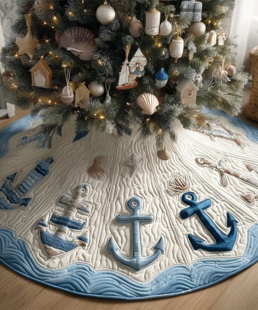 Blue Stripe Anchor Quilted Christmas Tree Skirt — Classic Nautical Holiday Décor, Durable Cotton Blend, Soft Quilting, Machine Washable & Giftable