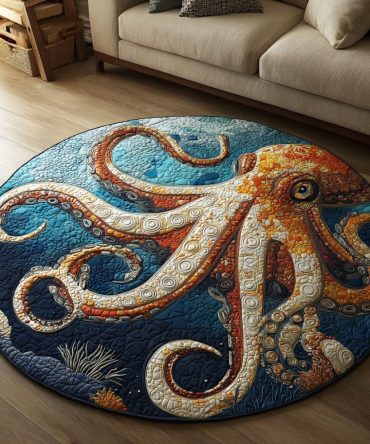 Blue Wave Octopus Plush Round Rug - Vibrant Marine Area Rug For Kids Rooms & Nautical Nursery Decor, Soft Non-Slip Backing