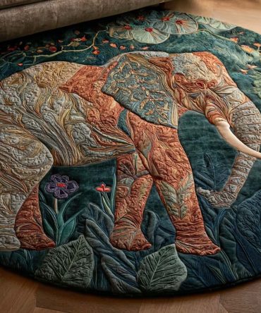 Boho Elephant Round Rug — Handcrafted Look Plush Round Carpet For Eclectic Living, Soft, Fade-Resistant, Non-Slip