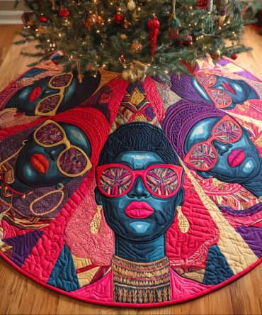 Bold Spirit Quilted Christmas Tree Skirt: Vibrant Patchwork & Pom Accents, Heavy-Weight Quilting For Statement Holiday Decor