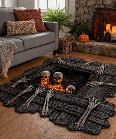 Bone Pit Horror Rug — Custom-Shaped Skeletal Floor Mat For Spooky Decor, Durable Low-Pile Construction With Non-Slip Backing