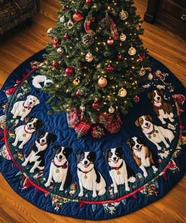Border Collie Cheer Quilted Tree Skirt — Festive Dog-Themed Holiday Base, Plush Quilting & Easy-On Attachment