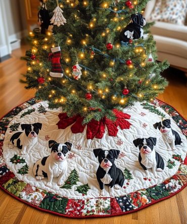 Boston Terrier Christmas Cheer Quilted Tree Skirt — Holiday Pup Design With Cozy Quilting, Durable Base Cover For Festive Displays