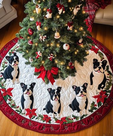 Boston Terrier Holiday Quilted Tree Skirt, Charming Dog Breed Design, Machine Washable Cotton Blend, Cozy Holiday Decor For Dog Lovers, Fits Most Trees, Perfect For Living Room Or Cottage