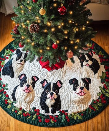 Boston Terrier Sleigh Bells Quilted Tree Skirt — Festive Dog Design With Classic Holiday Motifs, Plush Protective Tree Wrap