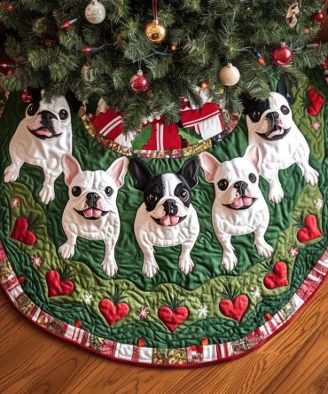Boston Terrier Sleigh Ride Quilted Tree Skirt — Vintage-Inspired Pup Sleigh Design, Festive Holiday Skirt For Cozy Seasonal Styling