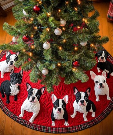 Boston Terrier Snowy Christmas Quilted Tree Skirt — Snow-Themed Pup Design With Cozy Quilting, Seasonal Skirt For Winter Holiday Décor