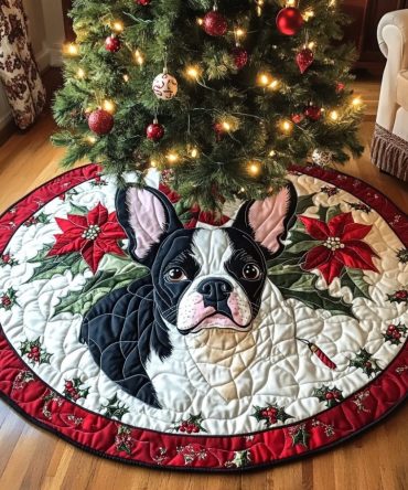 Boston Terrier Yuletide Quilted Tree Skirt — Premium Holiday Tree Wrap With Festive Dog Motif, Plush & Durable Decorative Accent