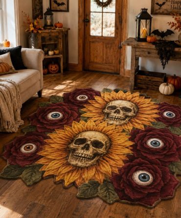 Bouquet Of The Damned Floral Skull Rug — Unique Custom-Shaped Halloween Rug With Gothic Floral Design, Plush & Easy Care