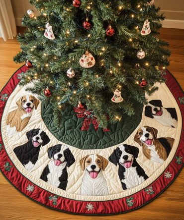 Quilted Boxer Holiday Tree Skirt — Joyful Christmas Dog Decor, Plush Finish & Easy Secure Tie For Festive Mantels