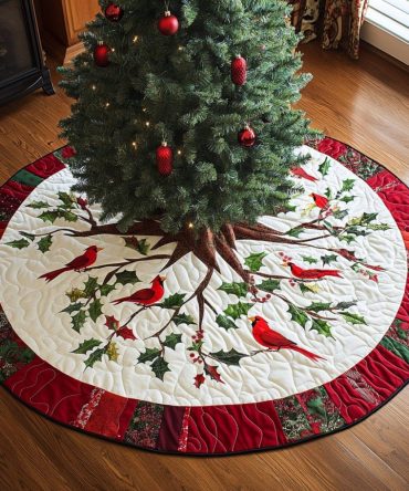 Bright Cardinal Blessings Quilted Tree Skirt — Vibrant Cardinal Christmas Tree Skirt, Quilted Red Bird Holiday Decor For Elegant Homes