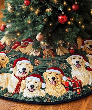 Bright Tail Quilted Christmas Tree Skirt – Colorful Dog Design, Cozy Quilting & Stylish Holiday Floor Covering