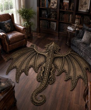 Bronze Shadow Drake Shaped Area Rug — Mythic Dragon-Inspired Custom Floor Mat, Statement Accent Rug For Den, Game Room & Entry