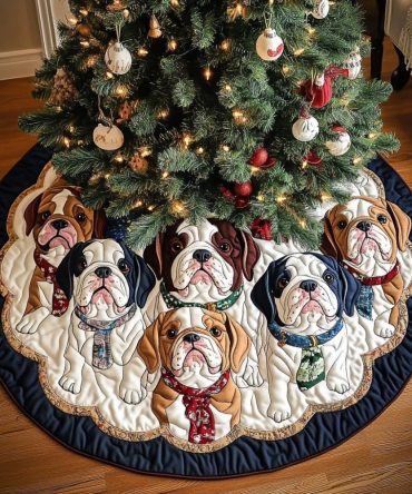 Christmas Charm Quilted Tree Skirt With Bulldog Illustration - Stylish Holiday Decor For Dog Lovers, Soft & Festive Accent