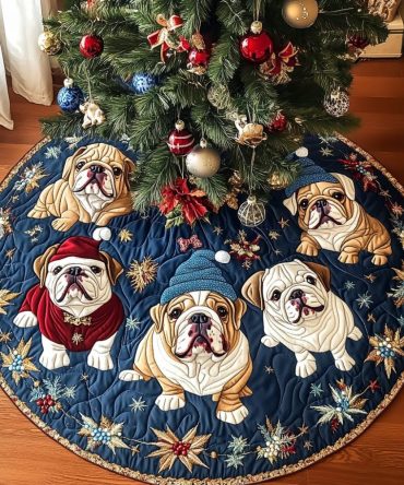 Quilted Christmas Tree Skirt – Bulldog Christmas Delight Holiday Decor, Soft Cotton-Blend Skirt For Cozy Seasonal Styling And Pet Lover Gifts