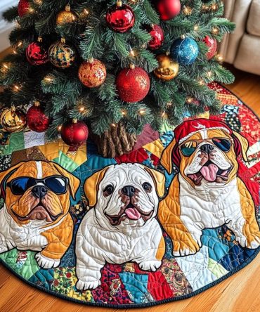 Bulldog Christmas Lit Quilted Tree Skirt – Bright Holiday Decor With Quilted Texture, Cozy Cotton-Blend Base, Great For Displaying Gifts & Festive Lights