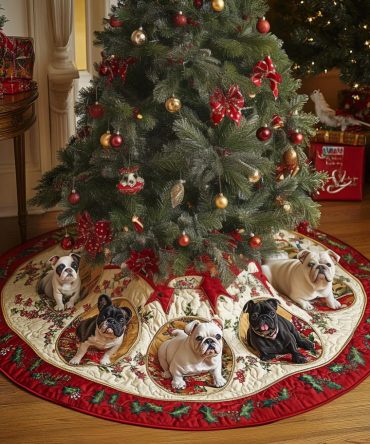 Delight Bulldog Quilted Christmas Tree Skirt — Charming Quilted Tree Base With Bulldog Artwork, Soft, Durable & Easy To Maintain
