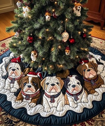 Holiday Spirit Quilted Christmas Tree Skirt Featuring Bulldog Art - Festive And Durable Decor For Dog Lovers And Seasonal Gifting