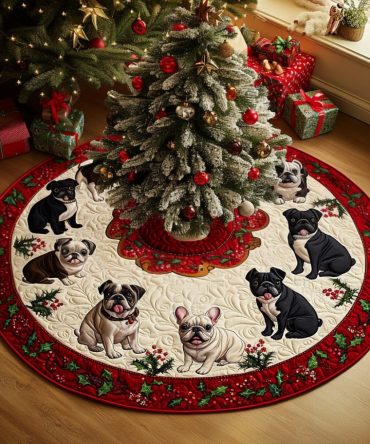 Holiday Spirit Bulldog Quilted Tree Skirt — Stylish Quilted Christmas Tree Skirt With Bulldog Motif, Protective & Washable Holiday Accent