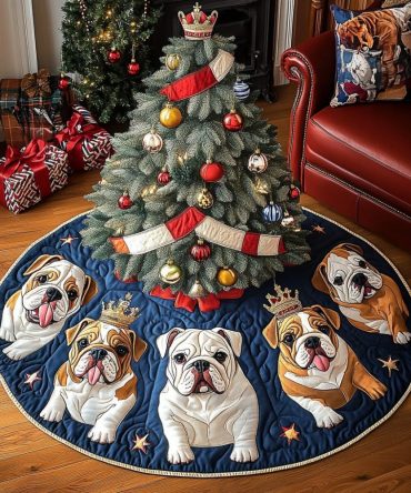 Quilted Christmas Tree Skirt With Festive Bulldog Design – Holiday Home Decor, Cozy Cotton-Blend Tree Skirt, Ideal Gift For Pet Lovers